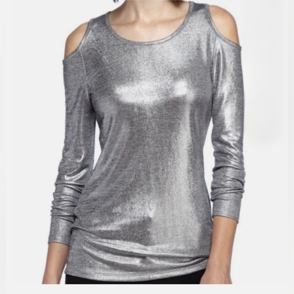 Michael Kors Metallic Silver Cold Shoulder Top